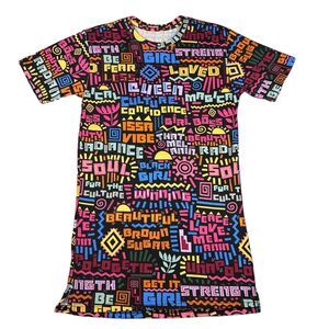 Izzy&Liv T Shirt Dress Mini Medium Colorful Tropical Uplifting Words Throughout